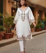 Floral Embroidered Pure Cotton Flared Sleeves V-Neck Straight Kurta With Trousers