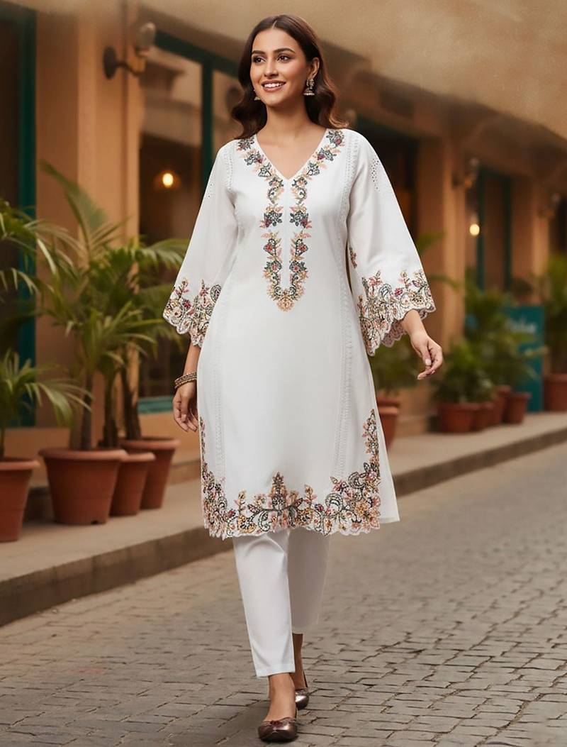Floral Embroidered Pure Cotton Flared Sleeves V-Neck Straight Kurta With Trousers