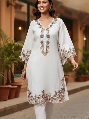 Floral Embroidered Pure Cotton Flared Sleeves V-Neck Straight Kurta With Trousers 2