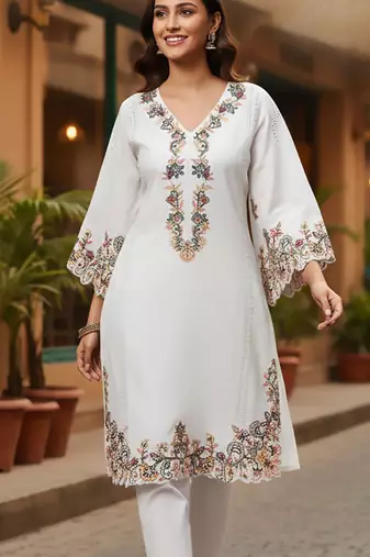 Floral Embroidered Pure Cotton Flared Sleeves V-Neck Straight Kurta With Trousers