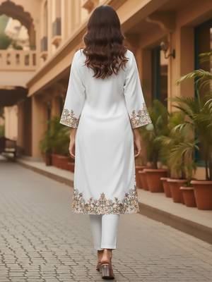 Floral Embroidered Pure Cotton Flared Sleeves V-Neck Straight Kurta With Trousers 4