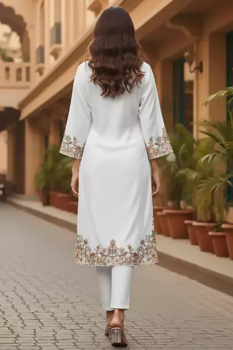 Floral Embroidered Pure Cotton Flared Sleeves V-Neck Straight Kurta With Trousers