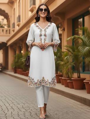 Floral Embroidered Pure Cotton Flared Sleeves V-Neck Straight Kurta With Trousers 5
