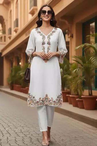 Floral Embroidered Pure Cotton Flared Sleeves V-Neck Straight Kurta With Trousers
