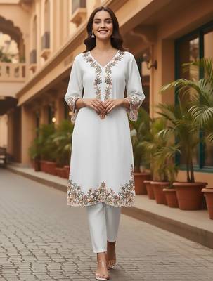 Floral Embroidered Pure Cotton Flared Sleeves V-Neck Straight Kurta With Trousers 6