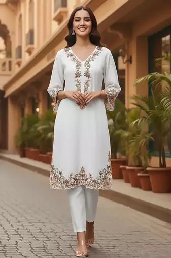 Floral Embroidered Pure Cotton Flared Sleeves V-Neck Straight Kurta With Trousers