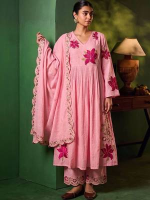 Women Floral Embroidered Empire Thread Work Chanderi Cotton Kurta with Palazzos & With Dupatta 1