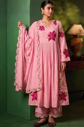 Women Floral Embroidered Empire Thread Work Chanderi Cotton Kurta with Palazzos & With Dupatta