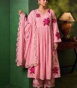 Women Floral Embroidered Empire Thread Work Chanderi Cotton Kurta with Palazzos & With Dupatta