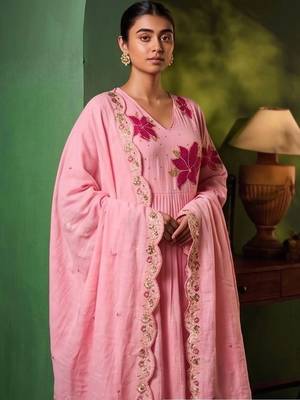 Women Floral Embroidered Empire Thread Work Chanderi Cotton Kurta with Palazzos & With Dupatta 2