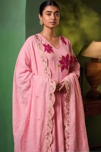 Women Floral Embroidered Empire Thread Work Chanderi Cotton Kurta with Palazzos & With Dupatta