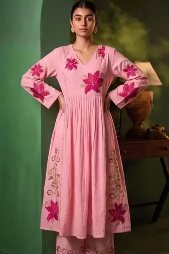 Women Floral Embroidered Empire Thread Work Chanderi Cotton Kurta with Palazzos & With Dupatta