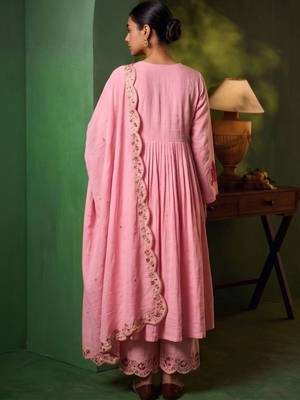 Women Floral Embroidered Empire Thread Work Chanderi Cotton Kurta with Palazzos & With Dupatta 4