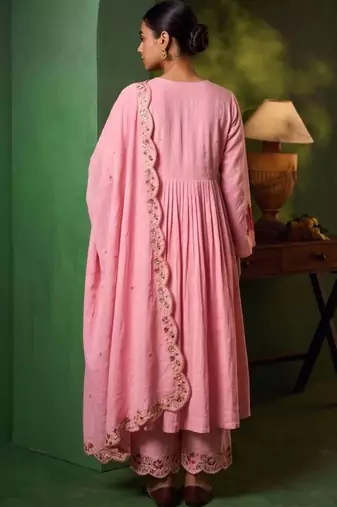 Women Floral Embroidered Empire Thread Work Chanderi Cotton Kurta with Palazzos & With Dupatta
