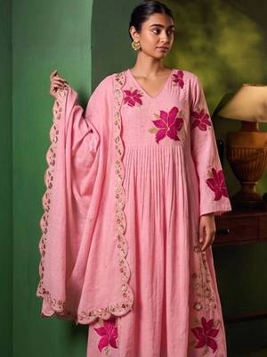 Women Floral Embroidered Empire Thread Work Chanderi Cotton Kurta with Palazzos & With Dupatta 5