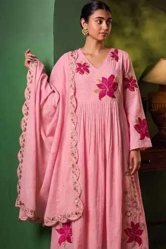 Women Floral Embroidered Empire Thread Work Chanderi Cotton Kurta with Palazzos & With Dupatta