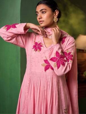 Women Floral Embroidered Empire Thread Work Chanderi Cotton Kurta with Palazzos & With Dupatta 7