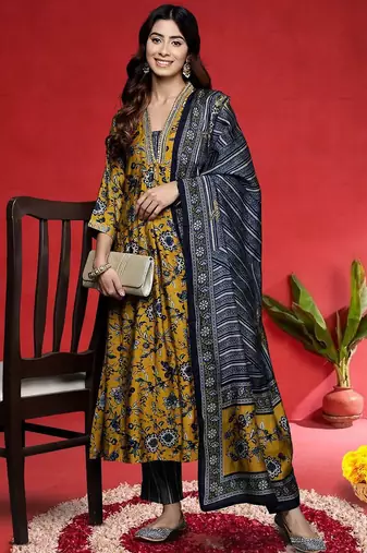 Women Floral Printed A-Line Kurta with Trouser & Dupatta