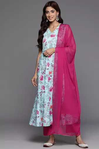 Women Floral Printed Panelled Pure Cotton Kurta with Trousers & With Dupatta