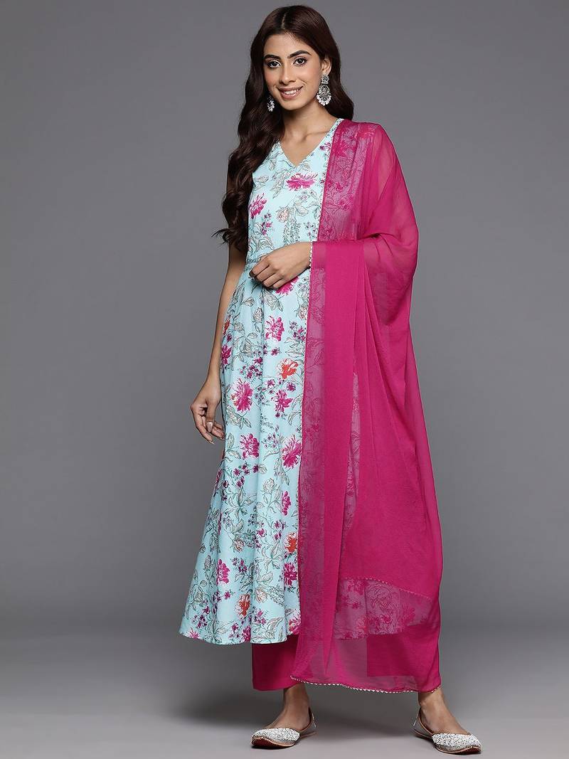 Women Floral Printed Panelled Pure Cotton Kurta with Trousers & With Dupatta