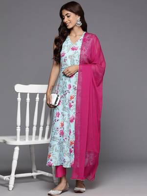 Women Floral Printed Panelled Pure Cotton Kurta with Trousers & With Dupatta 7