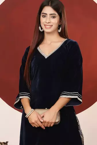 Gota & Zari Embroidered Velvet Winter Kurta with Trouser