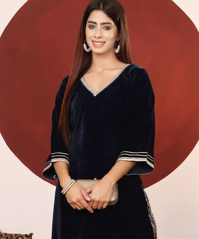 Gota & Zari Embroidered Velvet Winter Kurta with Trouser