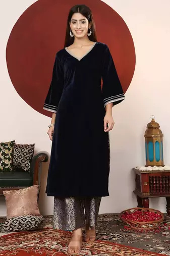 Gota & Zari Embroidered Velvet Winter Kurta with Trouser