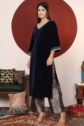 Gota & Zari Embroidered Velvet Winter Kurta with Trouser