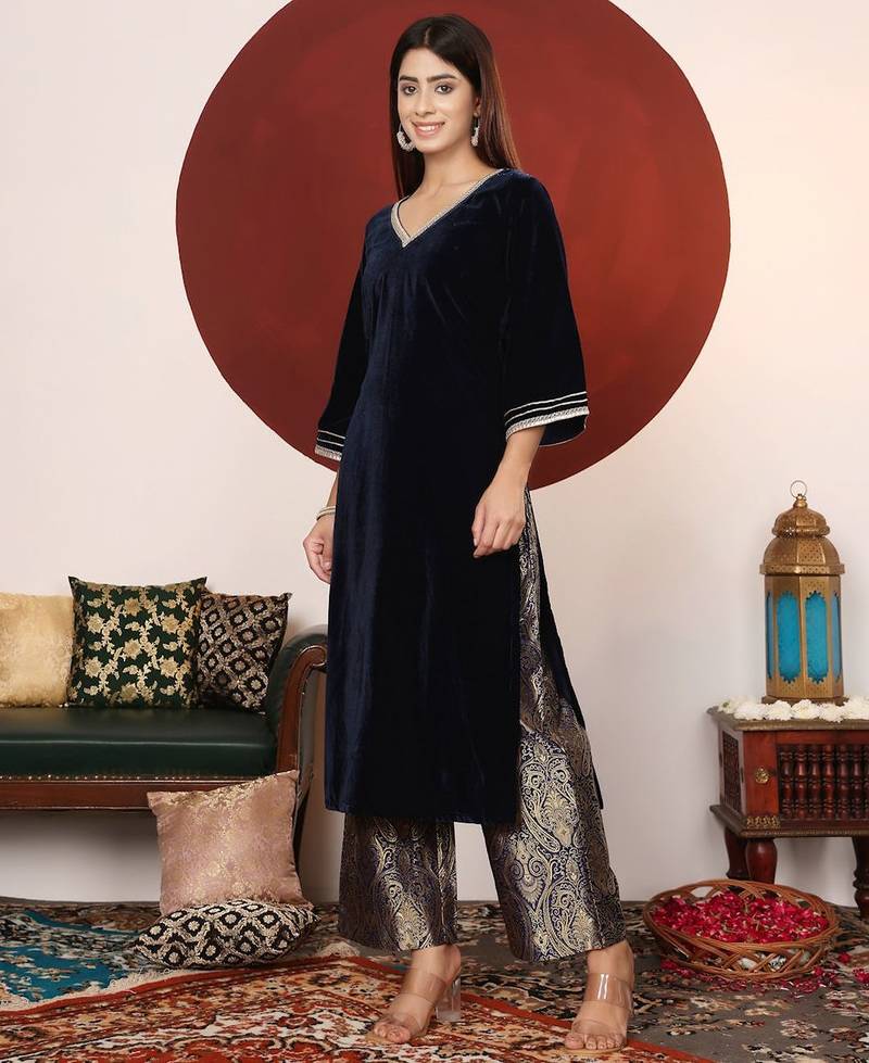 Gota & Zari Embroidered Velvet Winter Kurta with Trouser