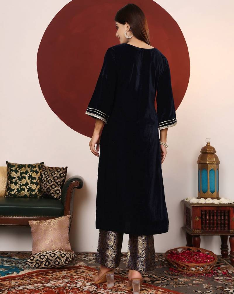 Gota & Zari Embroidered Velvet Winter Kurta with Trouser