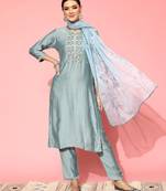 Floral Embroidered Regular Beads & Stones Kurta with Trousers & Dupatta