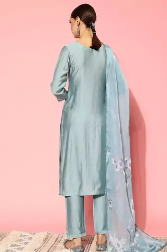 Floral Embroidered Regular Beads & Stones Kurta with Trousers & Dupatta