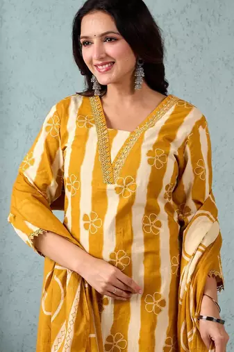 Women Striped Regular Pure Cotton Kurta with Trousers & With Dupatta