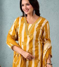 Women Striped Regular Pure Cotton Kurta with Trousers & With Dupatta