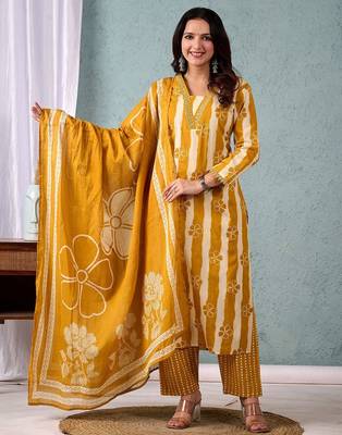 Women Striped Regular Pure Cotton Kurta with Trousers & With Dupatta 3