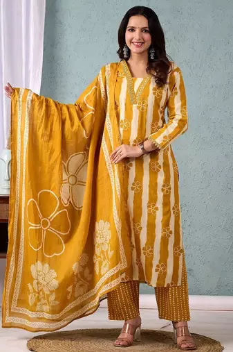 Women Striped Regular Pure Cotton Kurta with Trousers & With Dupatta