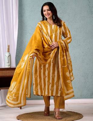 Women Striped Regular Pure Cotton Kurta with Trousers & With Dupatta 1