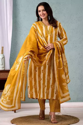 Women Striped Regular Pure Cotton Kurta with Trousers & With Dupatta