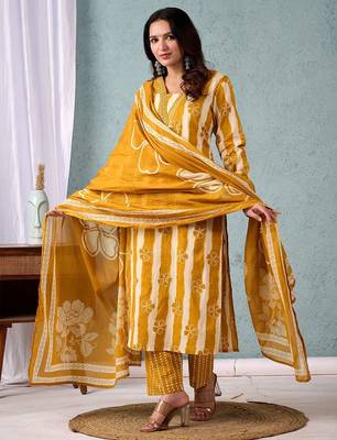 Women Striped Regular Pure Cotton Kurta with Trousers & With Dupatta 6