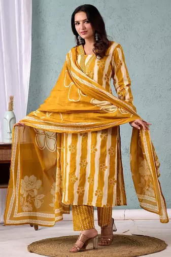 Women Striped Regular Pure Cotton Kurta with Trousers & With Dupatta