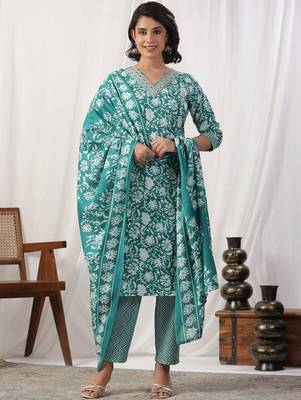 Women Floral Printed Regular Kurta with Trousers & With Dupatta 6