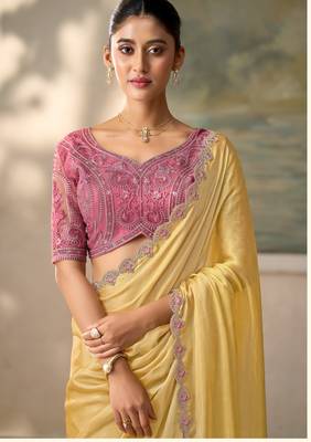 Yellow luxurious party wear saree 2