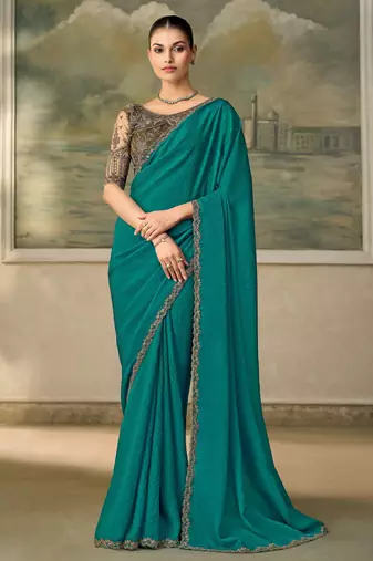 Teal luxurious party wear saree
