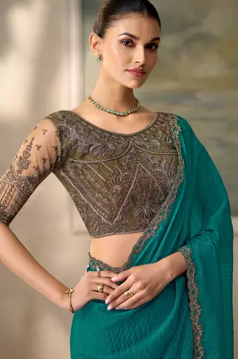 Teal luxurious party wear saree