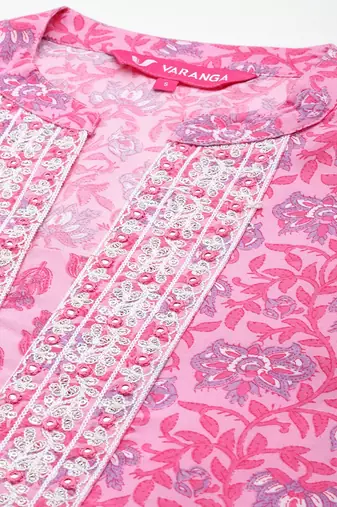 Women Floral Printed Thread Work Pure Cotton Kurta with Trousers & With Dupatta