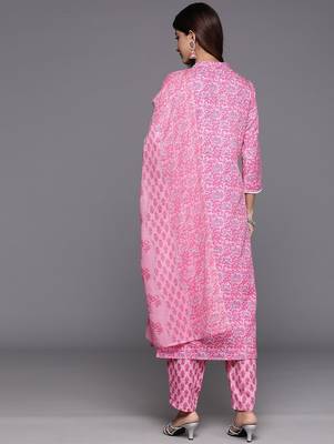 Women Floral Printed Thread Work Pure Cotton Kurta with Trousers & With Dupatta 7