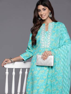 Floral Printed Mirror Work Pure Cotton Kurta with Trousers & Dupatta 2