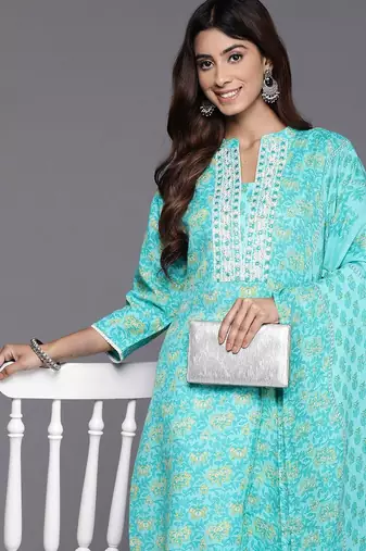 Floral Printed Mirror Work Pure Cotton Kurta with Trousers & Dupatta