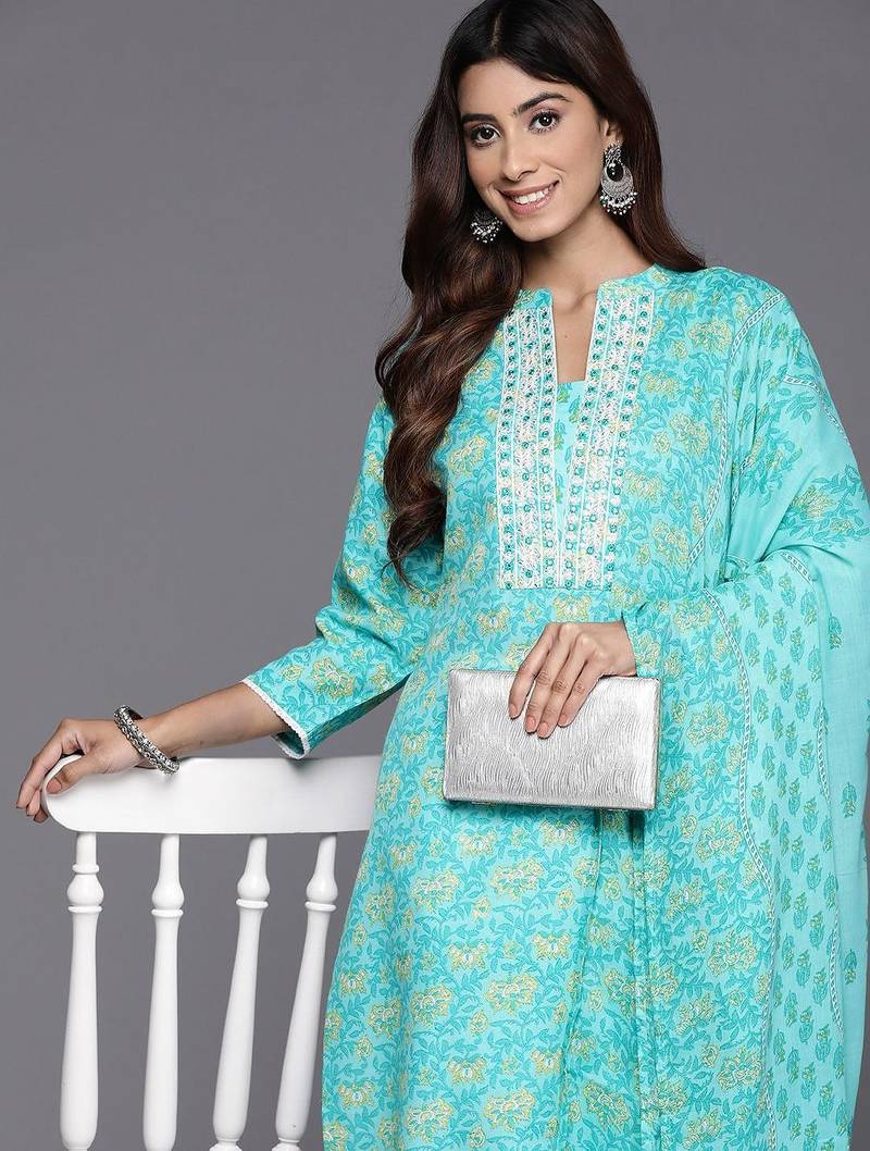 Floral Printed Mirror Work Pure Cotton Kurta with Trousers & Dupatta